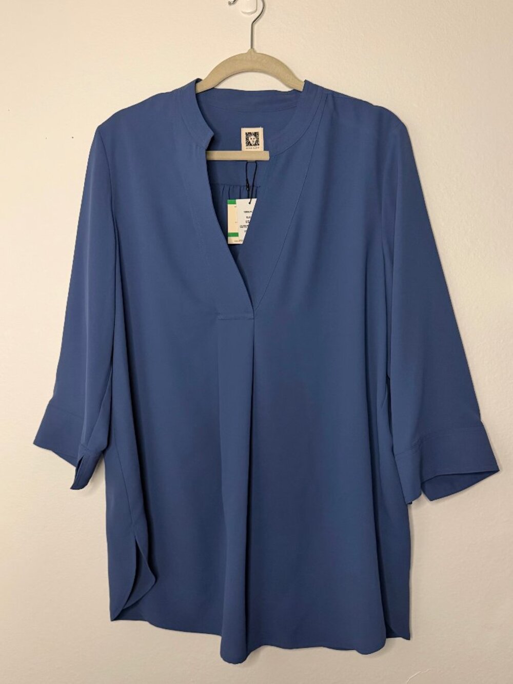 Anne Klein NWT Slate Blue Split Neck Pleated Front 3/4 Sleeve Blouse Top